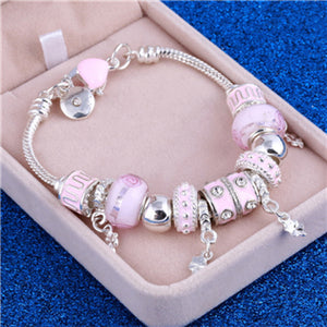 Pink Crystal Charm Silver Bracelet