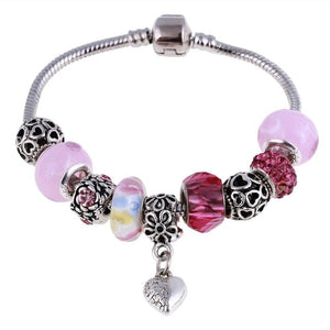 Pink Crystal Charm Silver Bracelet